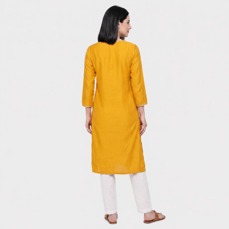 Women's Yellow Round Neck Embroidered Kurta, Yellow, large