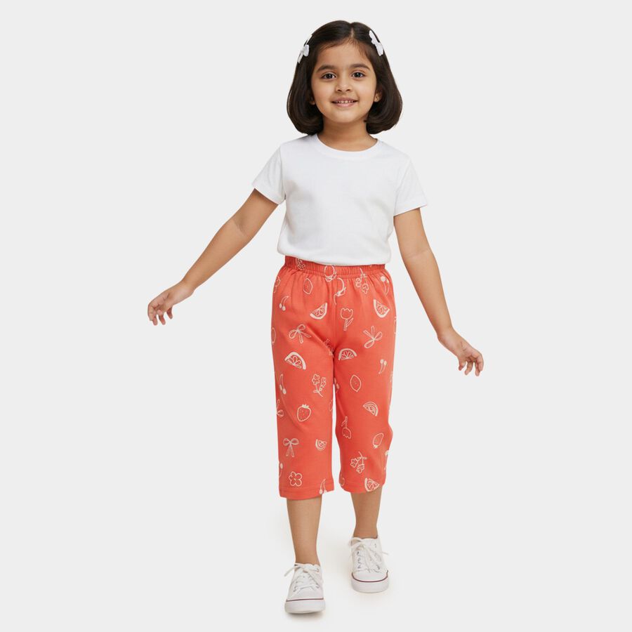 Girls' Orange Regular Fit Printed Capri, Coral, large