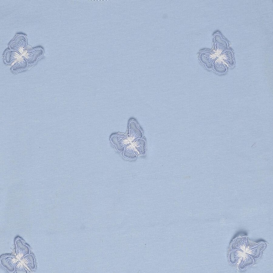 Girls Blue Cotton Round Neck Ruffle Sleeve Butterfly T-Shirt, Light Blue, large