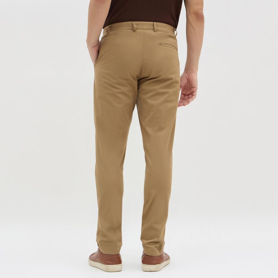 Men's Beige Slim Fit Flat-Front Casual Trousers, Khaki, large