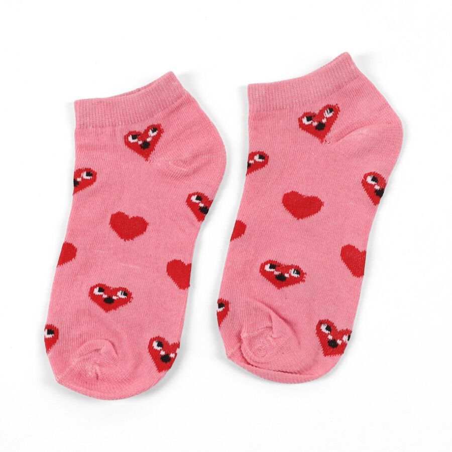 Girls' Bright Pink Regular Fit Heart Motif Ankle-Length Socks, Pink, large image number null