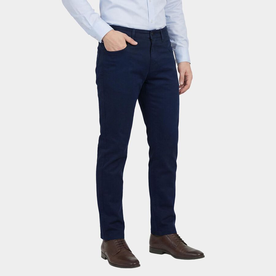 Men's Blue Slim Fit Flat-Front Casual Trousers, Mid Blue, large