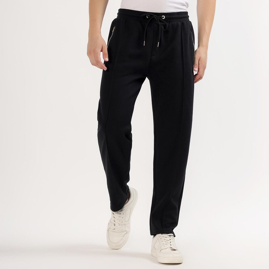 Men's Jet Black Regular Fit Zippered Track Pants, Black, large image number null