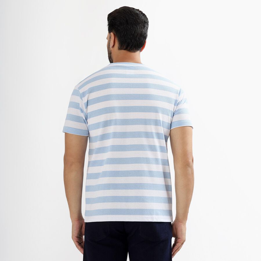 Men's Light Blue and White Round Neck Striped T-Shirt, Sky Blue, large