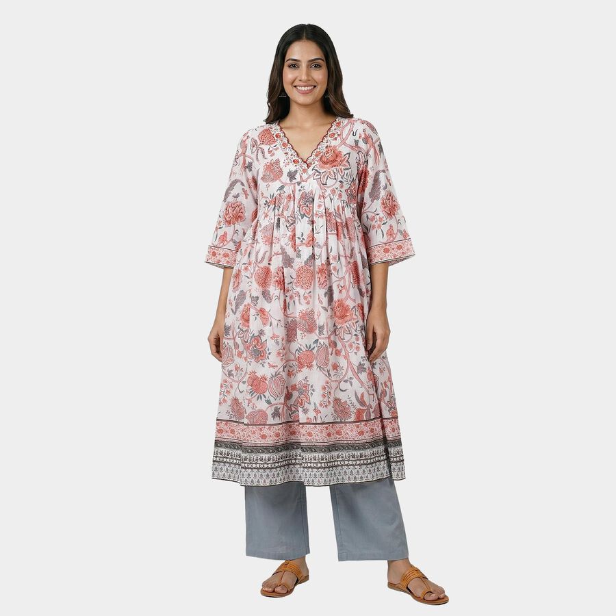 Women's Peach Cotton Round Neck Solid Kurta, पीच, large
