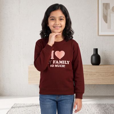Girls' Maroon Crew Neck Graphic Print Sweatshirt