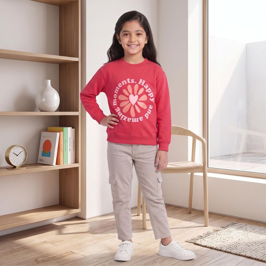 Girls Fuchsia Crew Neck Pullover Sweatshirt, रानी (फ्यूशिया), large