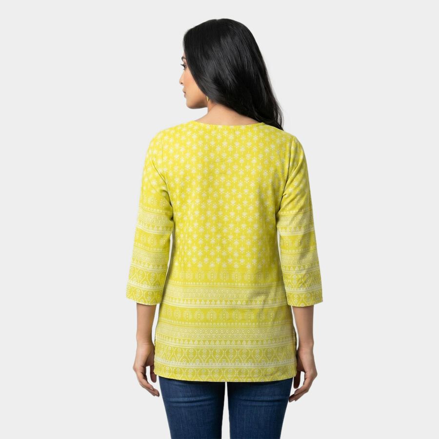 Women's Yellow Round Neck Printed Straight Kurti, Yellow, large