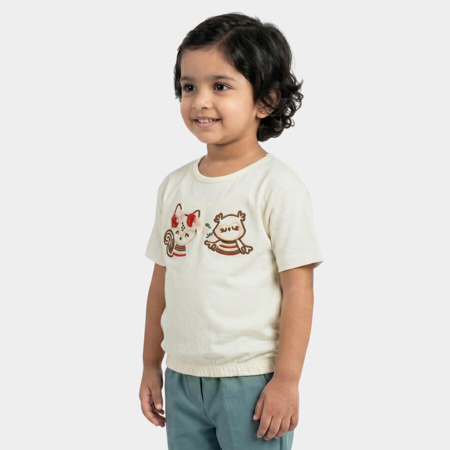 Girls' Off White Cotton Round Neck Regular T-Shirt, Off White, large