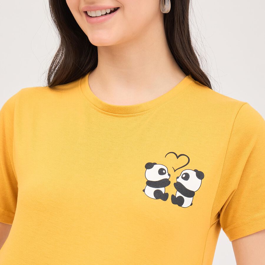 Women's Bright Yellow Round Neck Graphic Print T-Shirt, Mustard, large