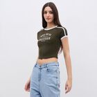 Women's Olive Green Cotton Round Neck Casual T-Shirt, ओलिव, small