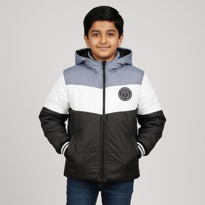 Boys Black and Grey Hooded Puffer Jacket