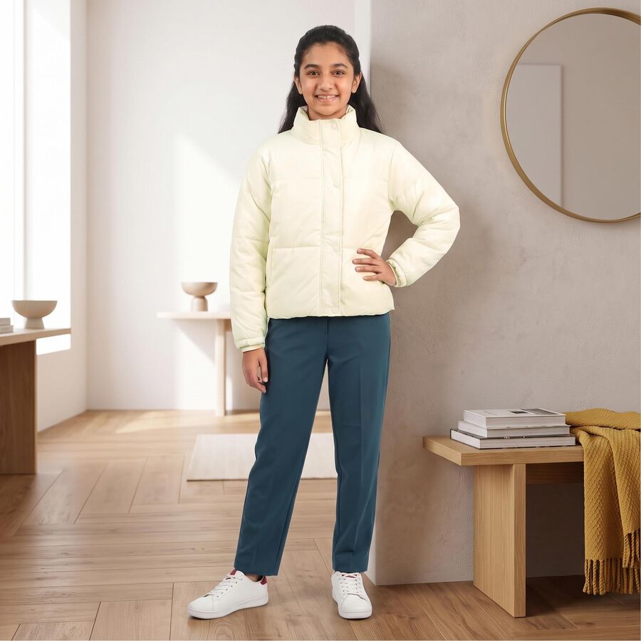 Girls' Beige Stand Collar Puffer Jacket, गहरा पीला, large