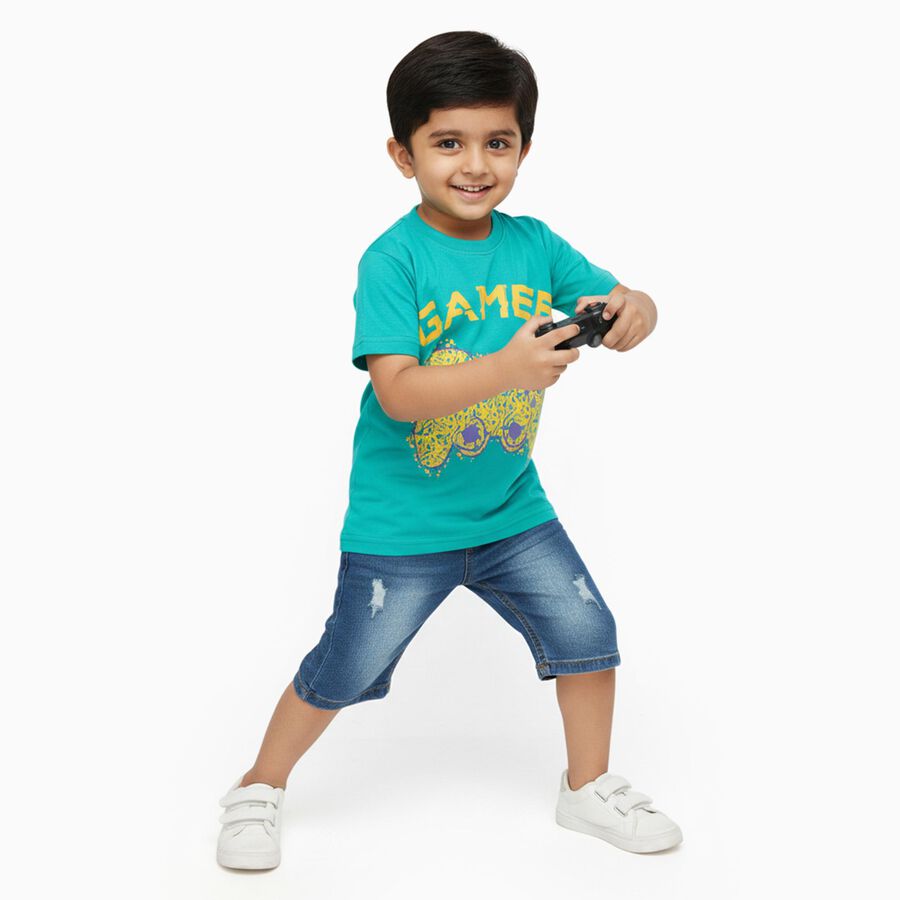 Boys Bright Turquoise Cotton Round Neck Casual T-Shirt, Dark Green, large