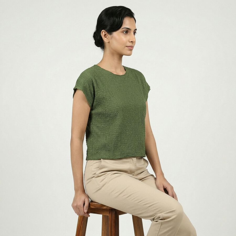 Women's Green Cotton Blend Top, Dark Green, large