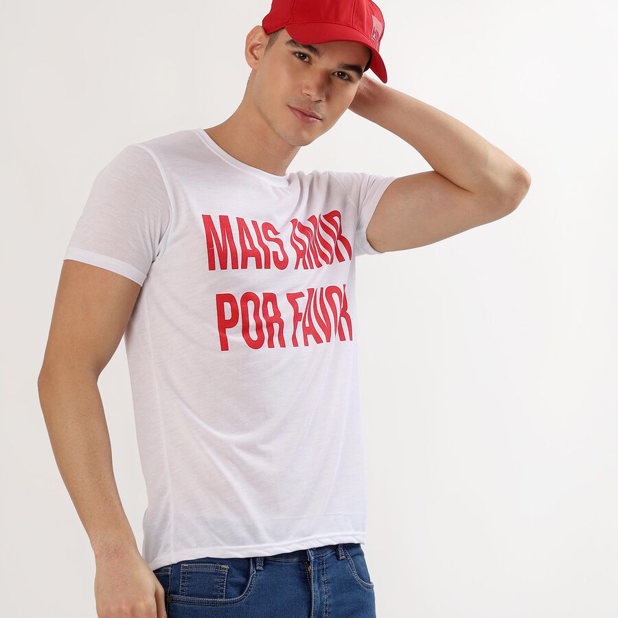 Men's Bright Snow White Round Neck Casual T-Shirt, White, large image number null
