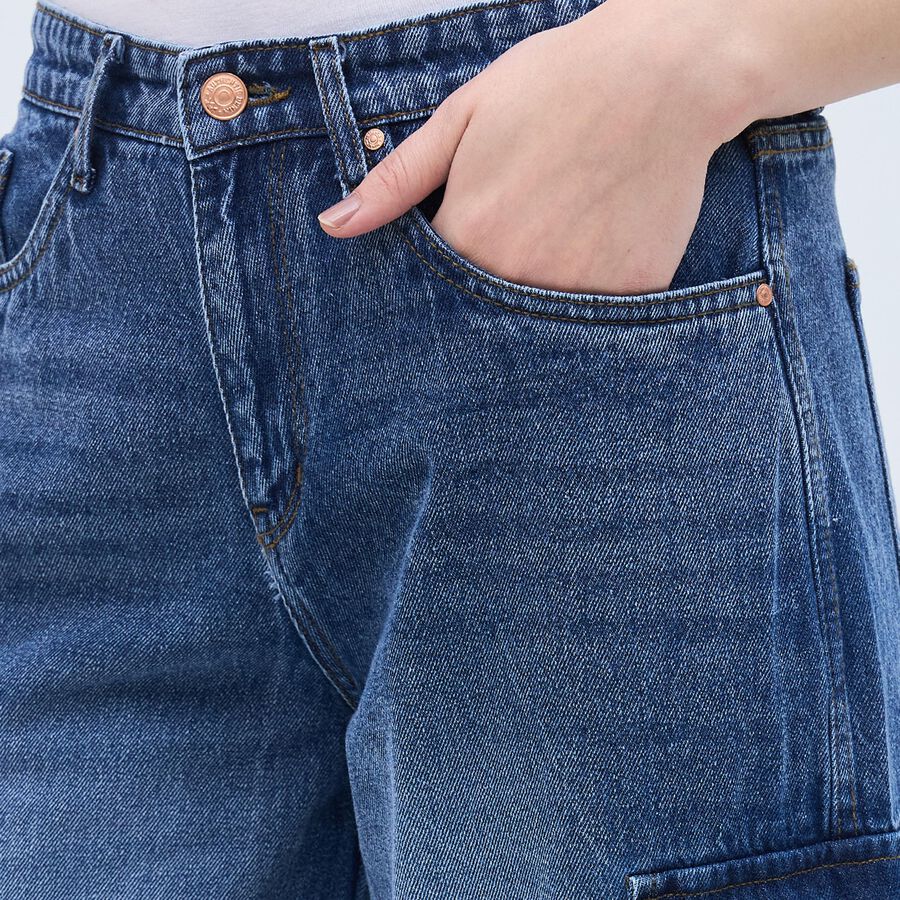 Women's Classic Blue Wide Leg Cargo Jeans, Mid Blue, large image number null