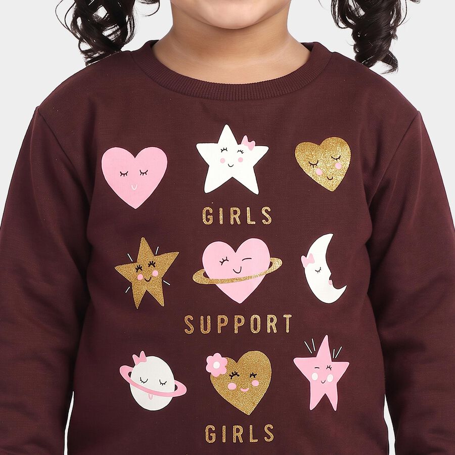 Girls' Wine Round Neck Graphic Print Sweatshirt, Wine, large