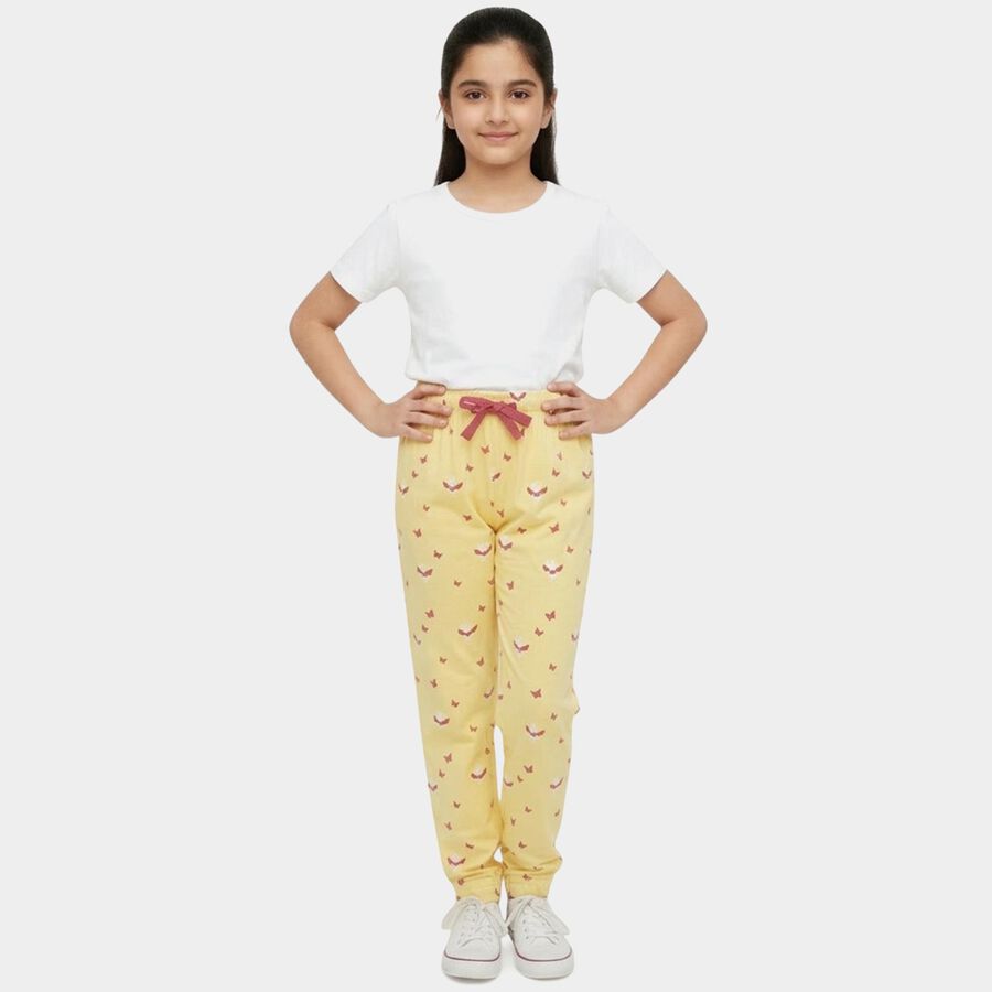 Girls Yellow Regular Fit Heart Printed Pyjama, Yellow, large
