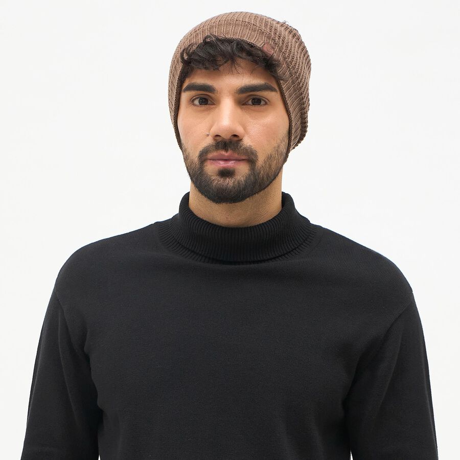 Men's Muted Brown Textured Knitted Beanie Cap, Brown, large image number null