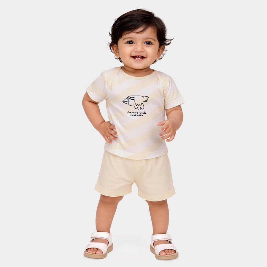 Infants' Beige Cotton Polo Neck Printed Baba Suit, गहरा पीला, large