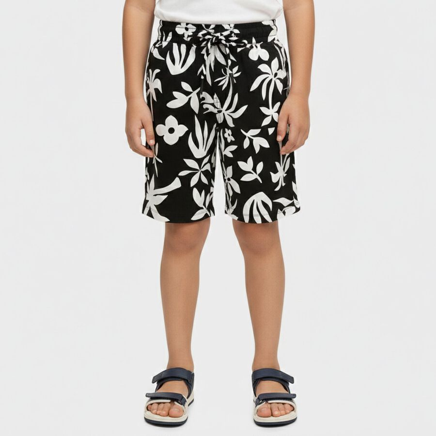 Boys' Black and White Floral Print Cotton Jamaican Shorts, Black, large