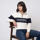 Women Cream High Neck Half-Zip Graphic Print Sweatshirt, Off White, small