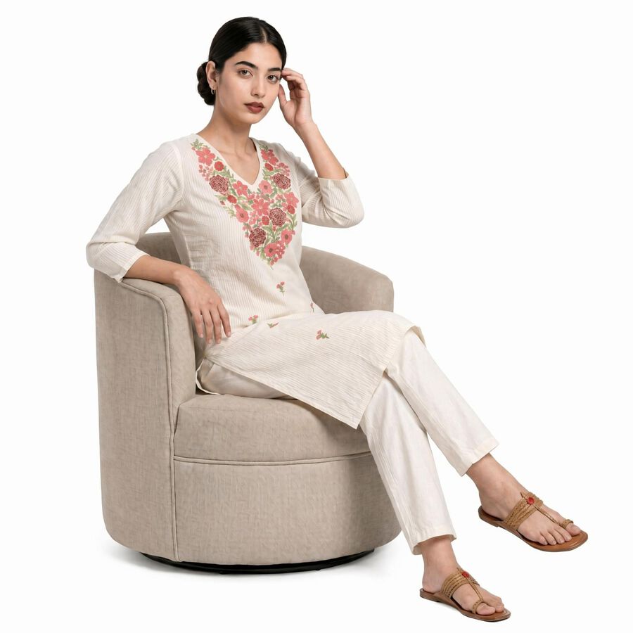 Women's Cream Cotton Embroidered Ethnic Set, Off White, large