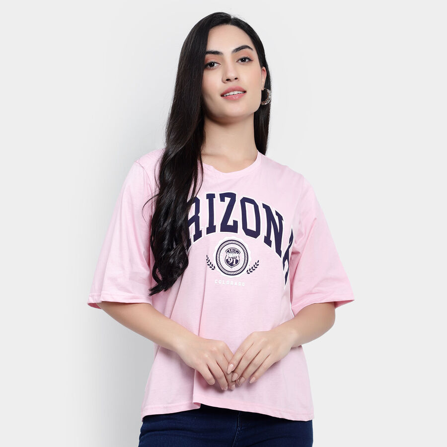 Round Neck T-Shirt, गुलाबी, large image number null