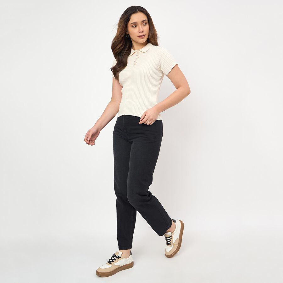 Women's White Cotton Round Neck Ruffle Sleeve Top, Off White, large