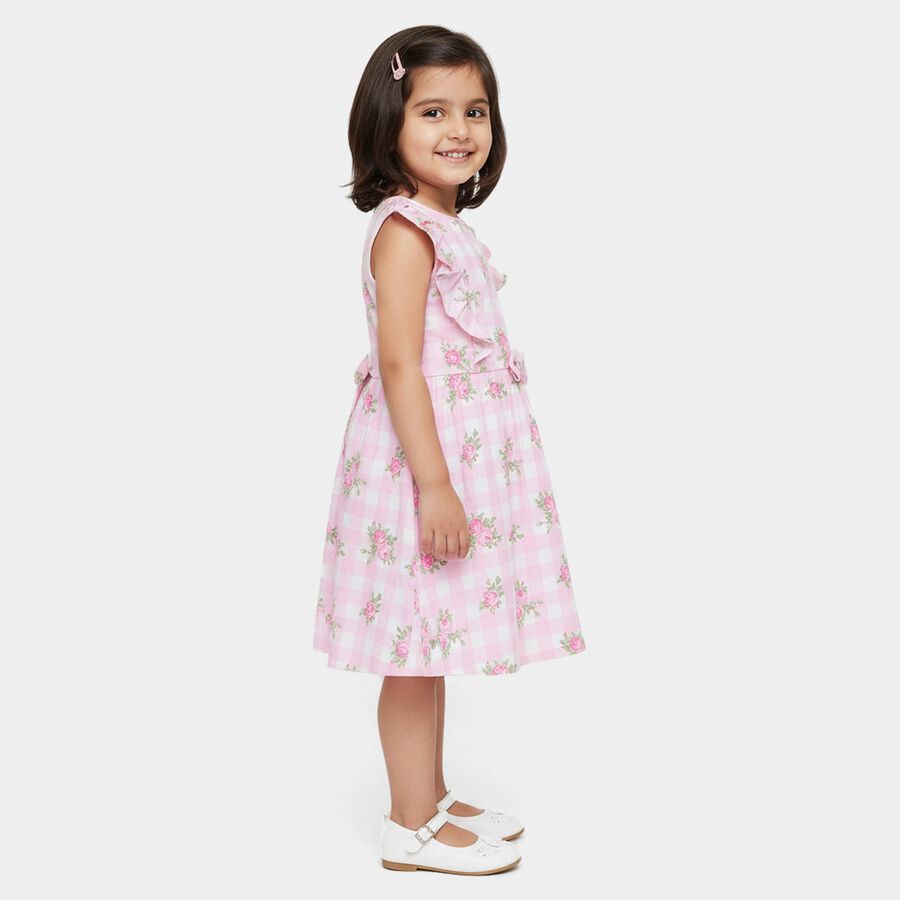 Girls' Pink Floral Printed Ruffled Sleeveless Frock, Light Pink, large