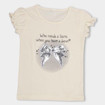 Girls' Beige Cotton Round Neck Casual T-Shirt