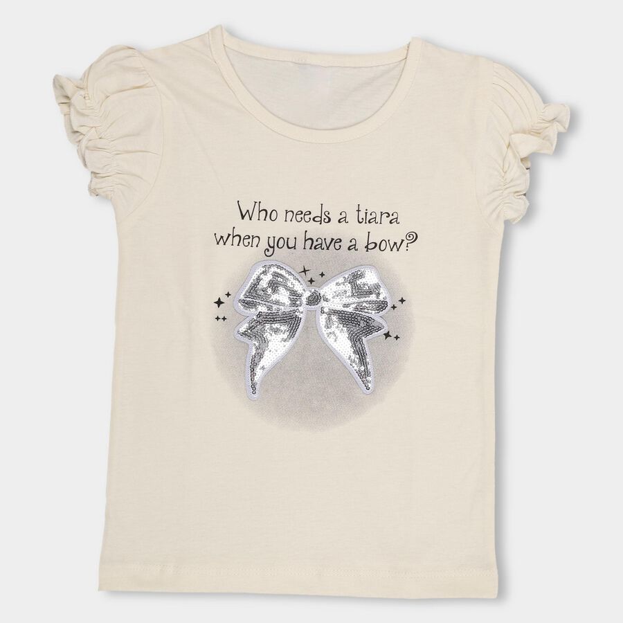 Girls' Beige Cotton Round Neck Casual T-Shirt, Beige, large image number null