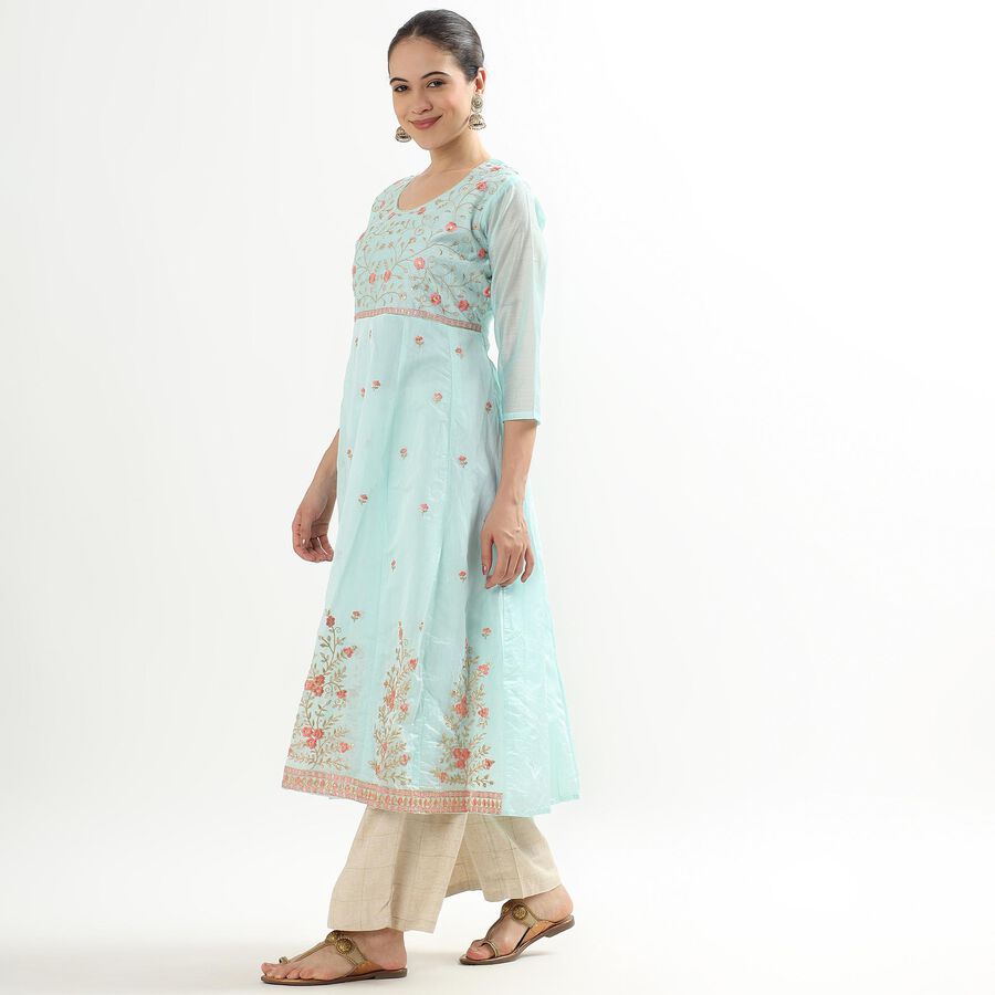 Ladies' Light Aqua Blue Round Neck Embroidered Flared Kurta, Aqua, large image number null