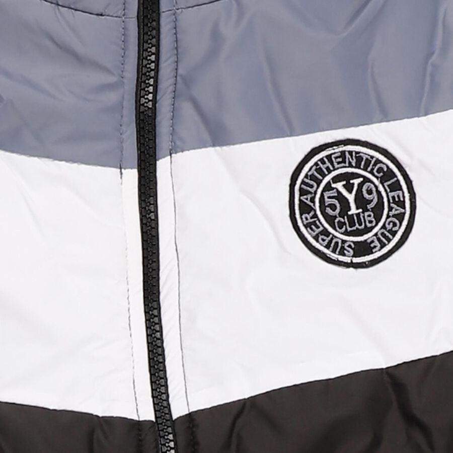 Boys Black and Grey Hooded Puffer Jacket, Light Blue, large image number null