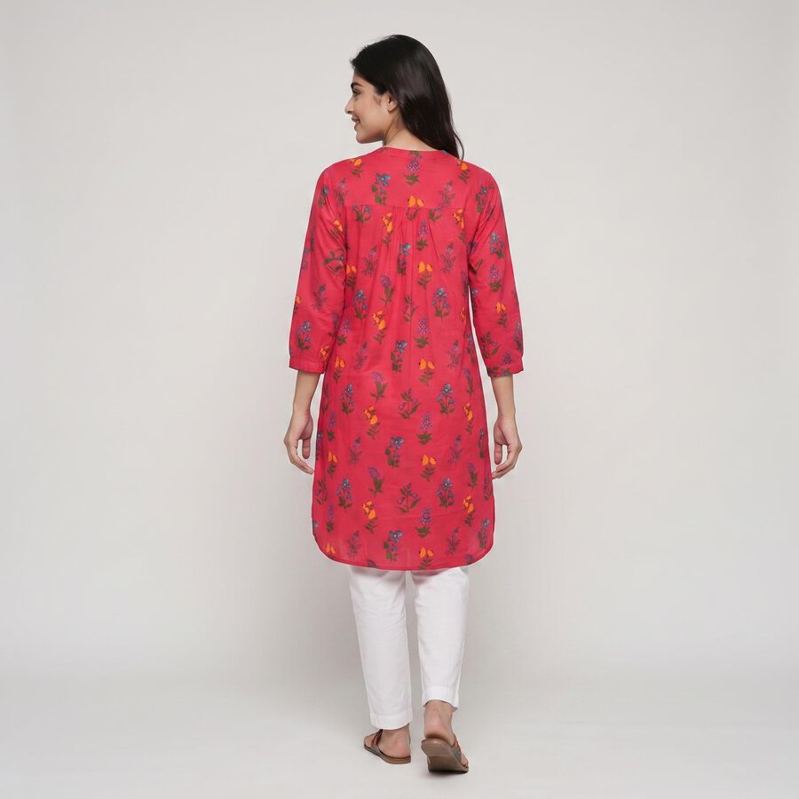Women's Fuchsia Cotton Band Collar Floral Printed Straight Kurta, Fuchsia, large