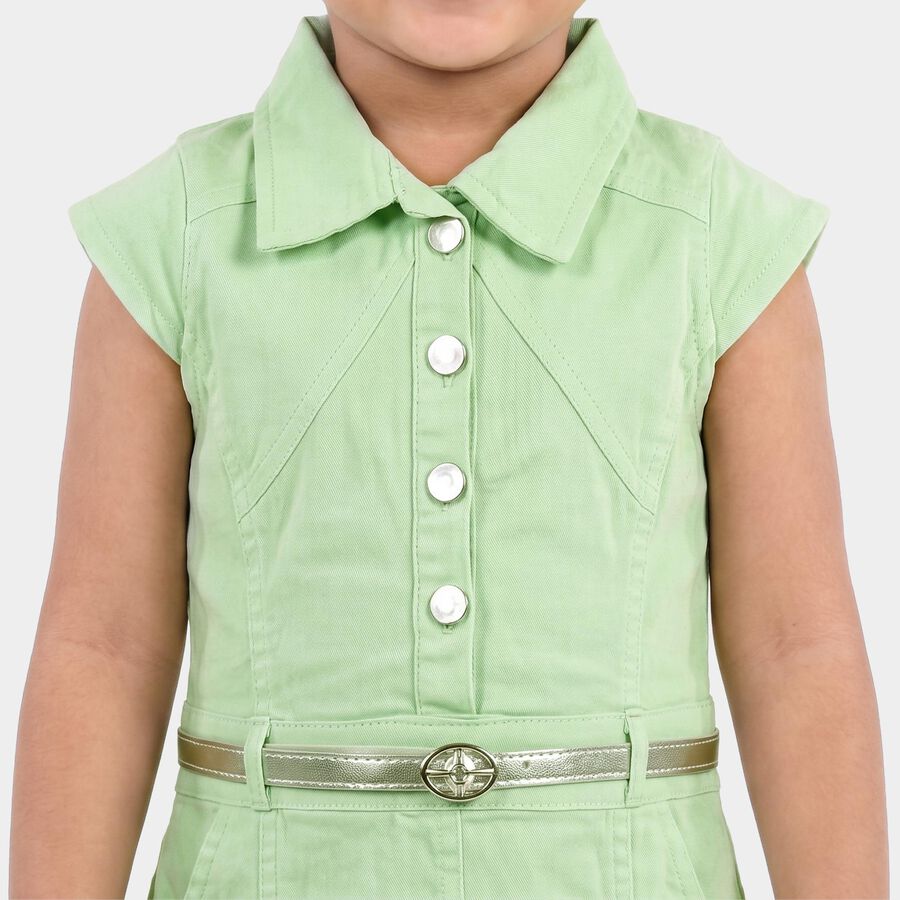 Girls' Mint Green Shirt Style Belted Frock, हल्का हरा, large