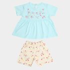 Infant Girl Pastel Blue Cotton Embroidered Top and Floral Shorts Set, Aqua, small
