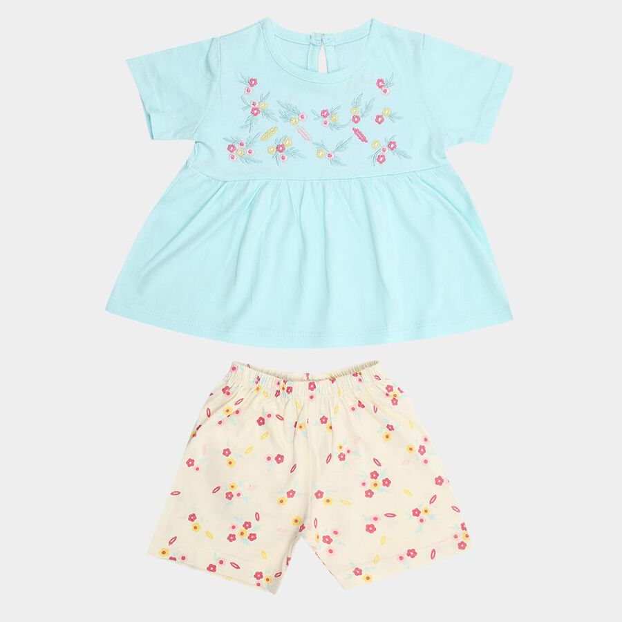 Infant Girl Pastel Blue Cotton Embroidered Top and Floral Shorts Set, Aqua, large