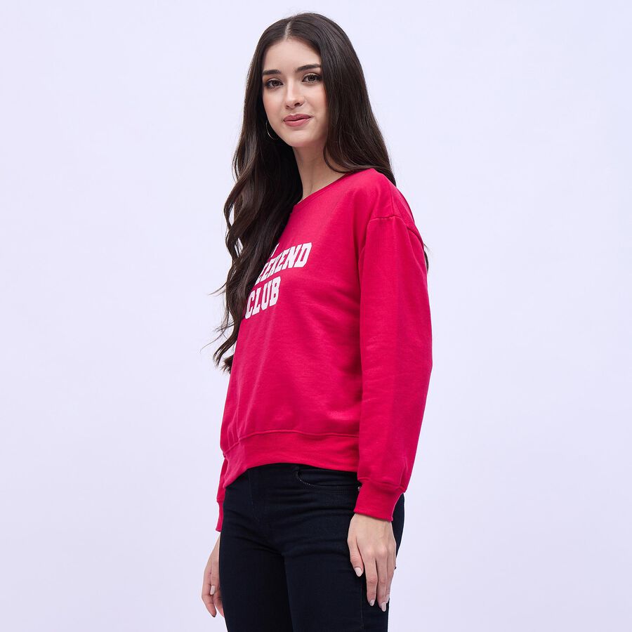 Women's Bright Red Crew Neck Casual Sweatshirt, रानी (फ्यूशिया), large image number null