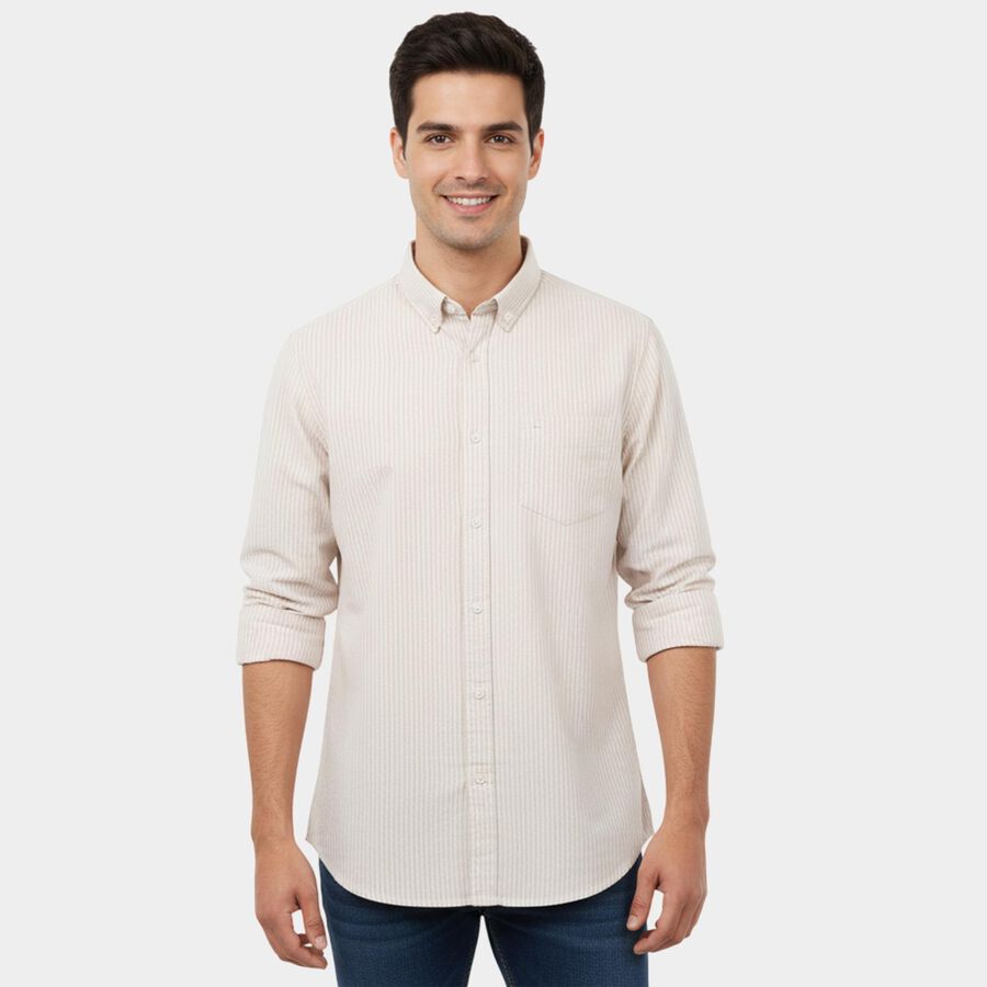 Men's Beige Cotton Classic Casual Shirt, Beige, large