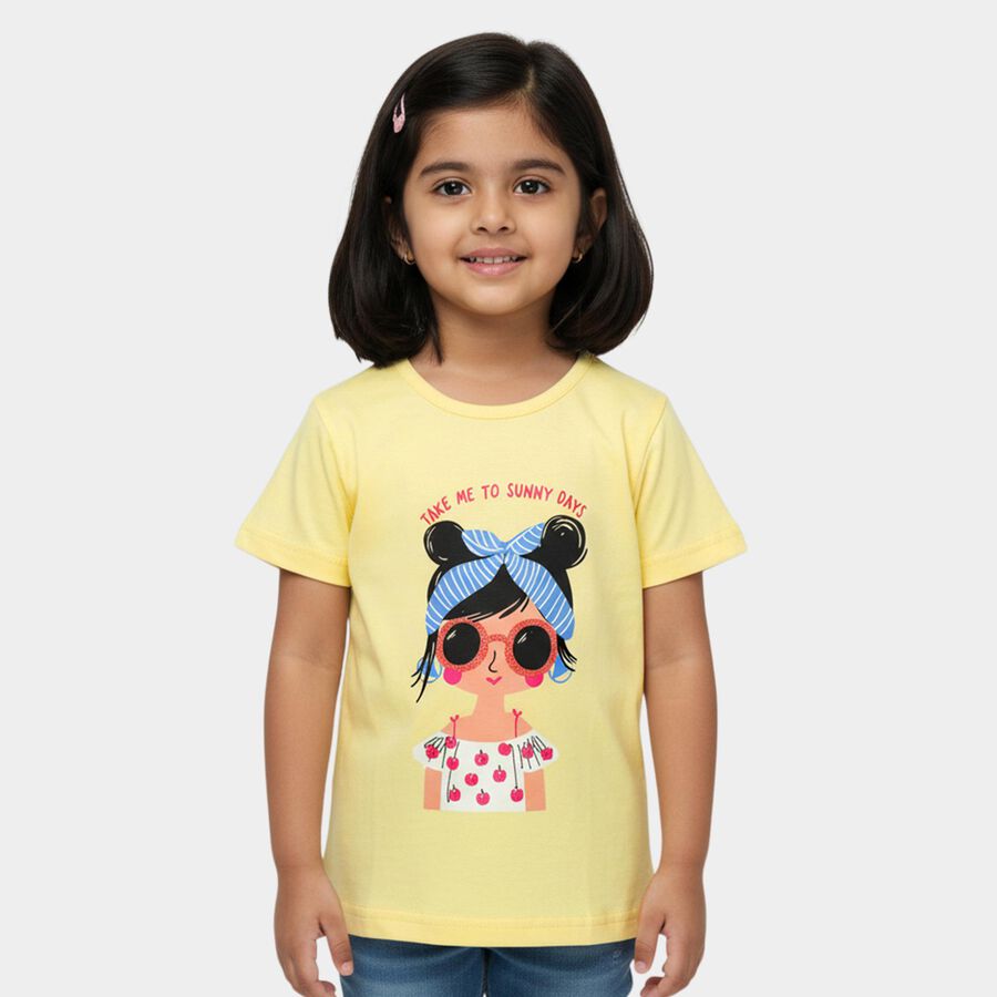 Girls Yellow Cotton Round Neck Casual T-Shirt, पीला, large