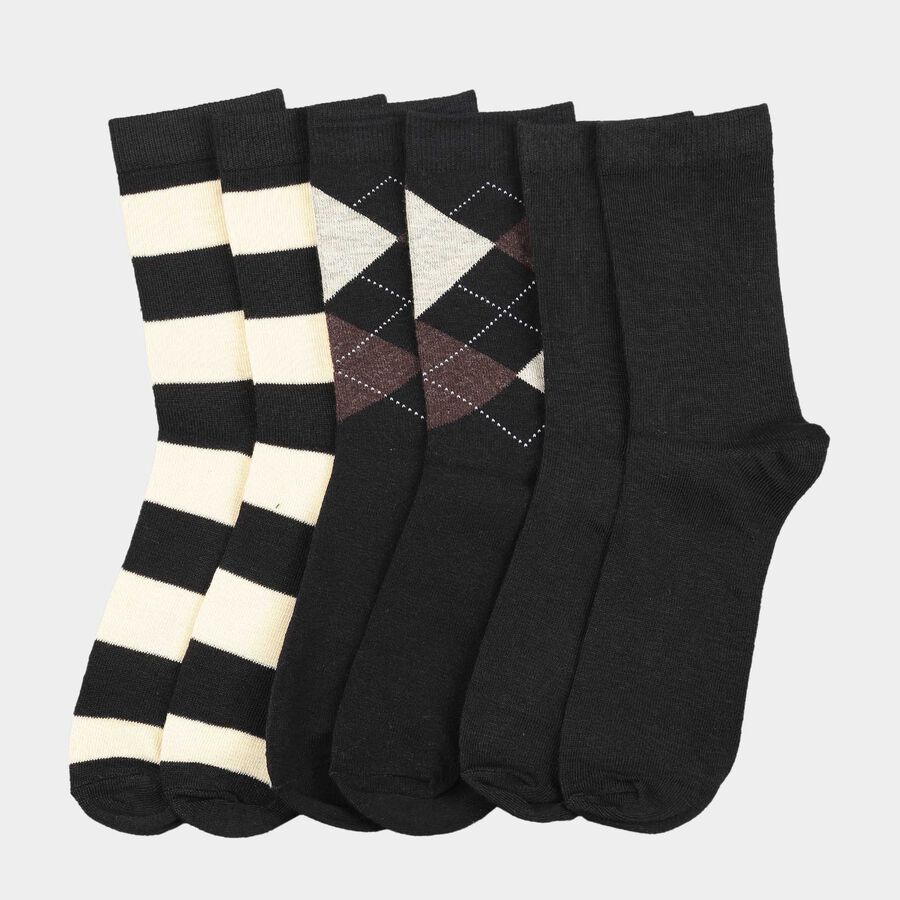 Motif and Stripe Crew Length Socks, Black, large image number null