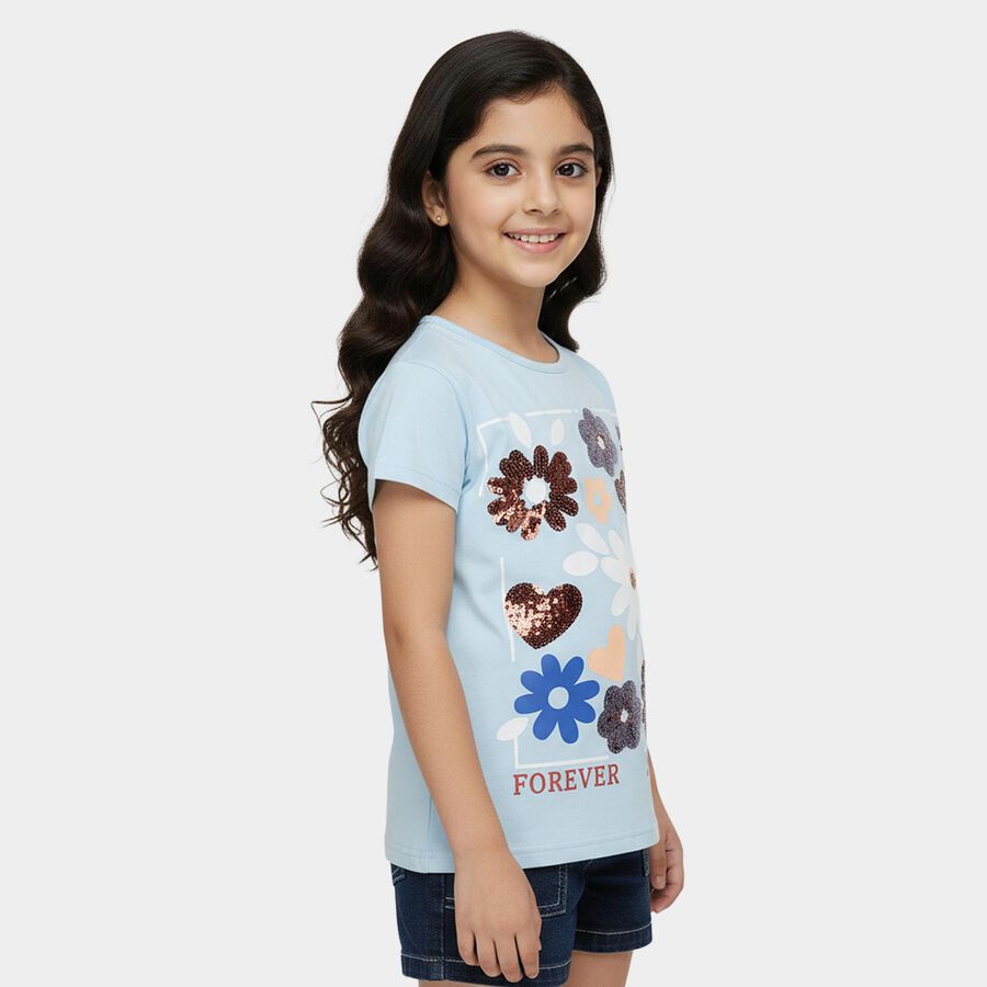 Girls' Blue Cotton Round Neck Casual T-Shirt, रॉयल ब्लू, large