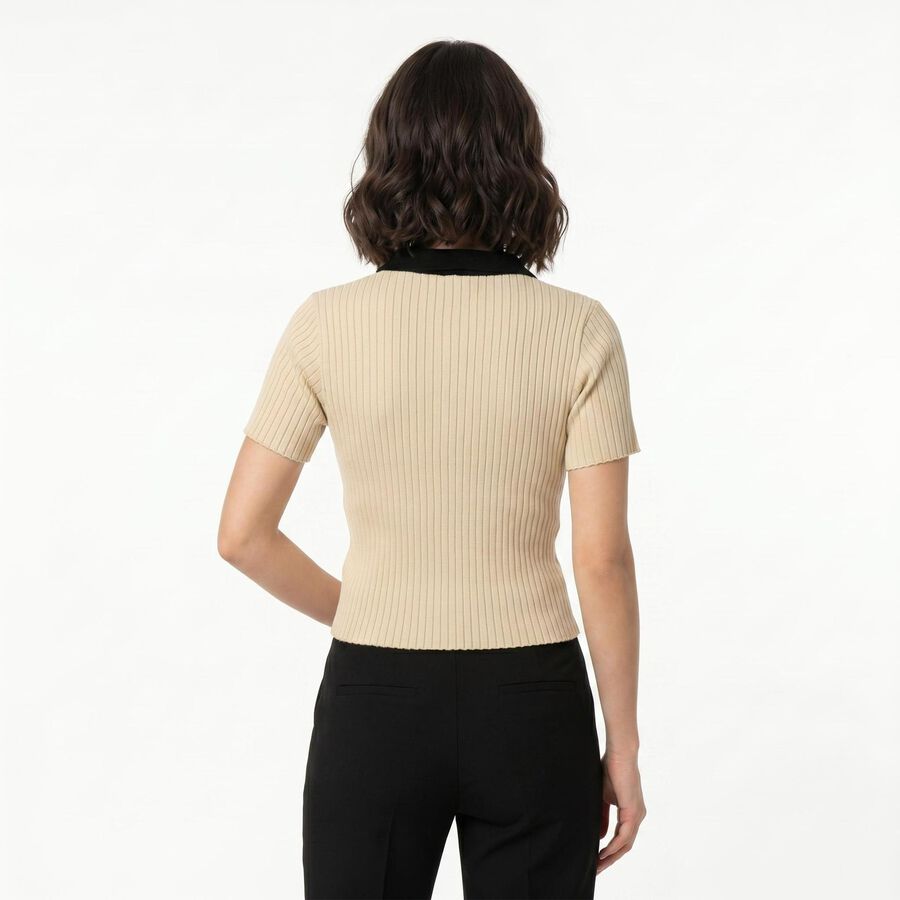 Women Beige Cotton Polo Neck Regular Top, गहरा पीला, large