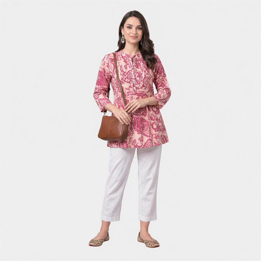 Women's Pink Band Collar Printed Kurti, हल्का गुलाबी, large