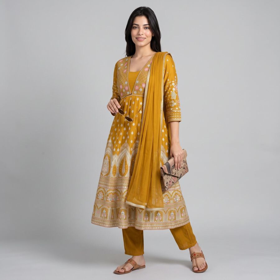 Women's Mustard Floral Printed Ethnic Set, Mustard, large