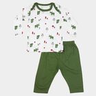Infants' Olive Green 100% Cotton Round Neck Printed Baba Suit, Olive, small