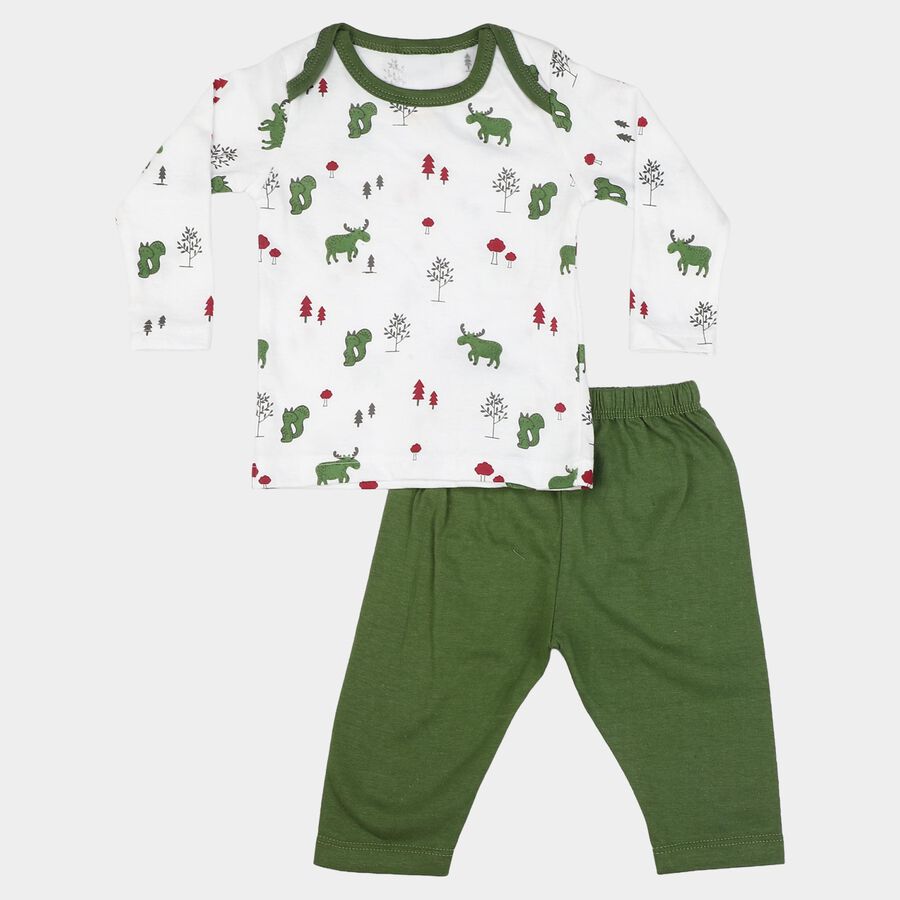 Infants' Olive Green 100% Cotton Round Neck Printed Baba Suit, Olive, large
