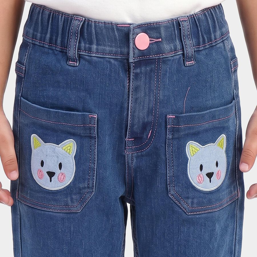Girls' Blue Straight Fit Embroidered Jeans, Mid Blue, large